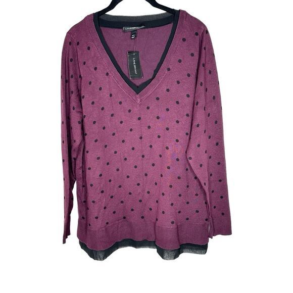 NWT Lane Bryant Womens Sweater 18/20 Polka Dot Layered Look V Neck Purple/Black‎ - Picture 1 of 9